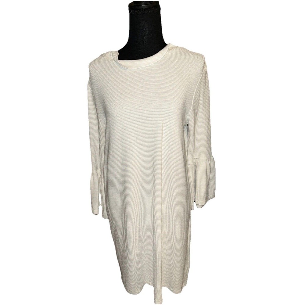 French Connection Paros Sudan Bell Sleeve Shift Dress White Ribbed Knit 8 M